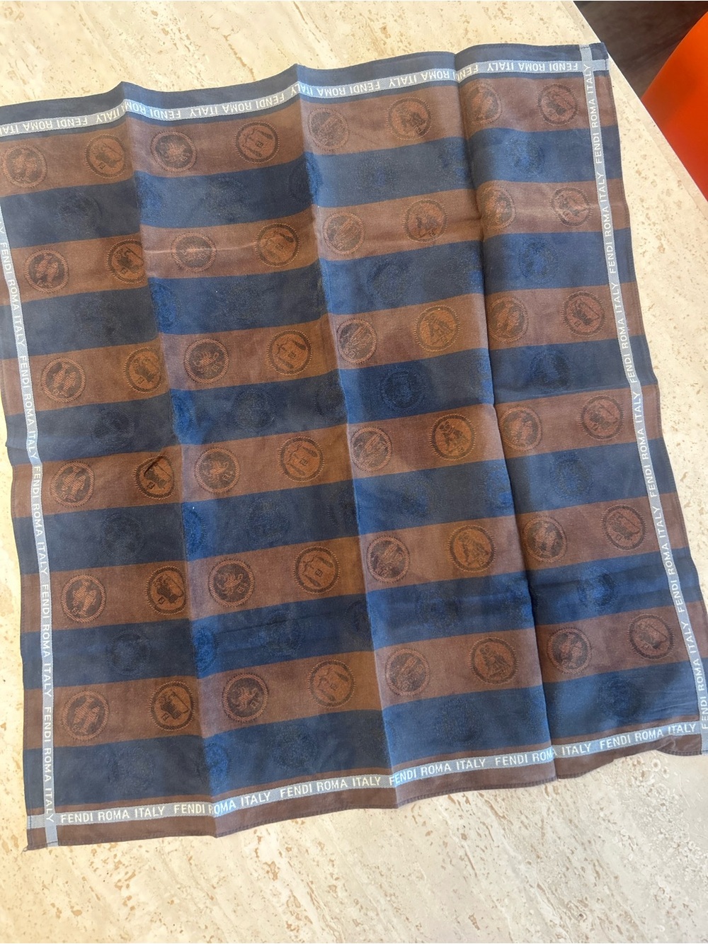 Fendi Blue and Brown Striped Logo Silk Scarf